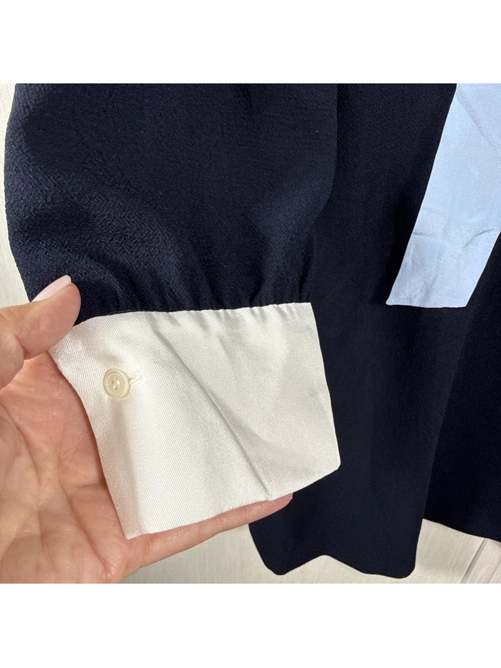 Women’s Sandro Paris Dress S 6 (38) Navy White SilkCuffs Lt Blue Neck Tie V Neck - Picture 5 of 10